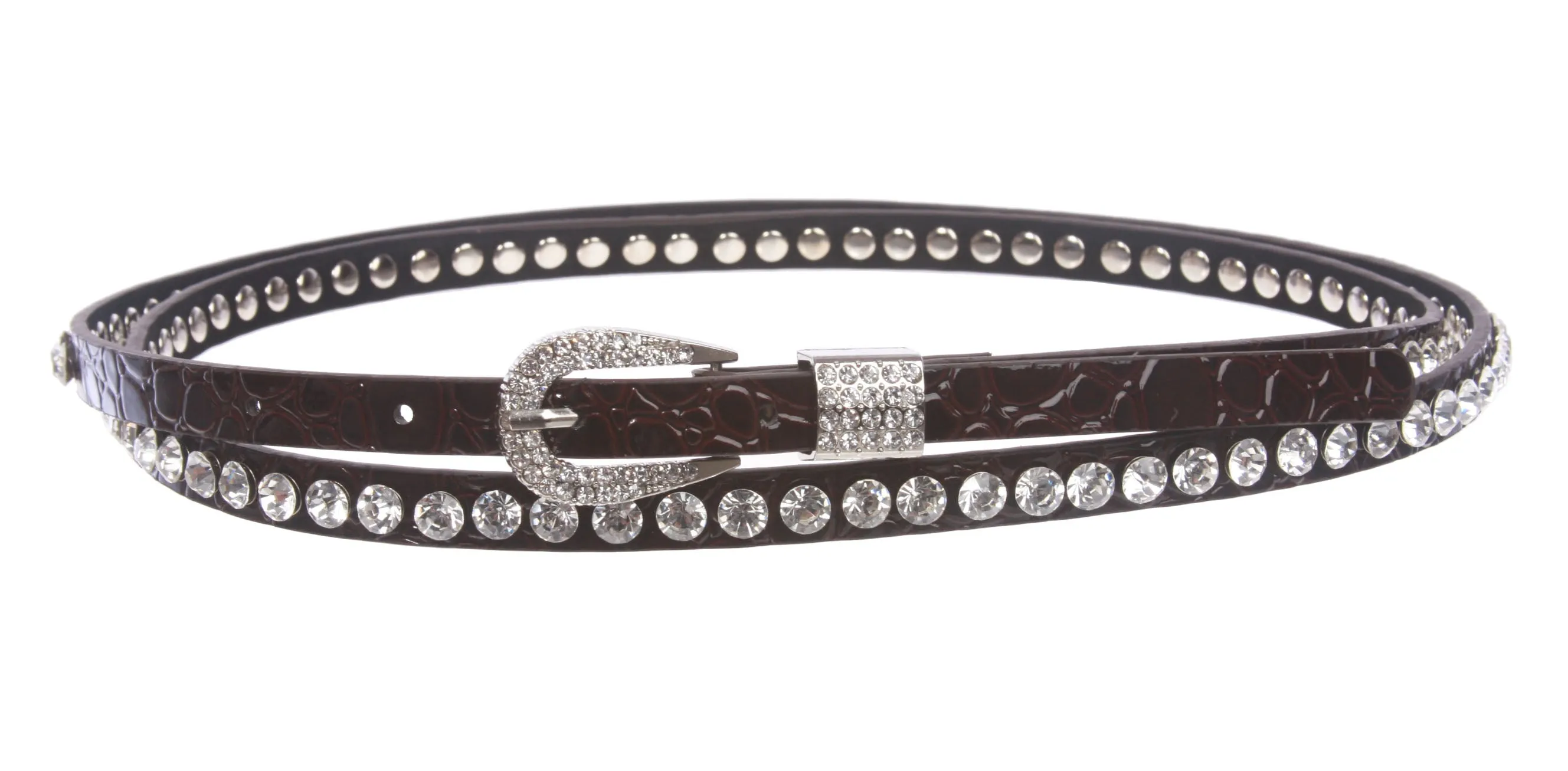 7/16" (12 mm) Skinny Rhinestone Croco Alligator Print Double Wrap Belt