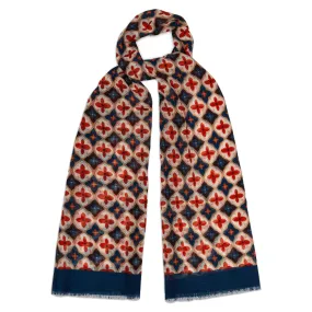 Floral Checkerboard Fine Wool Scarf in Cream and Cointreau