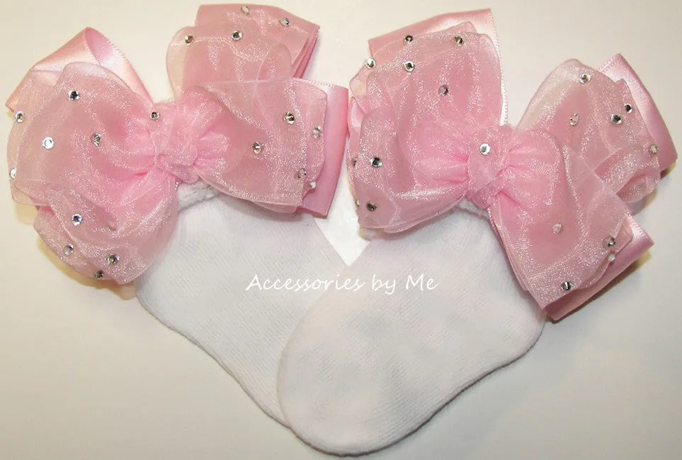 Glitzy Light Pink Organza Satin Bow Socks