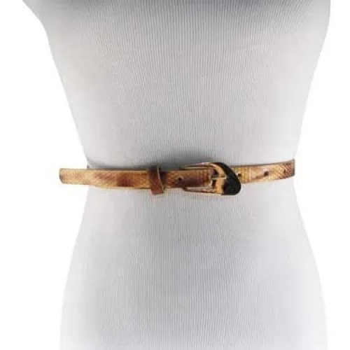 Glossy Snakeskin Gold Skinny Belt with Oblique Brass Buckle