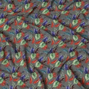 Grey Viscose Fabric with Multicolor Leaf Digital Print, 110 cm Width-D20641