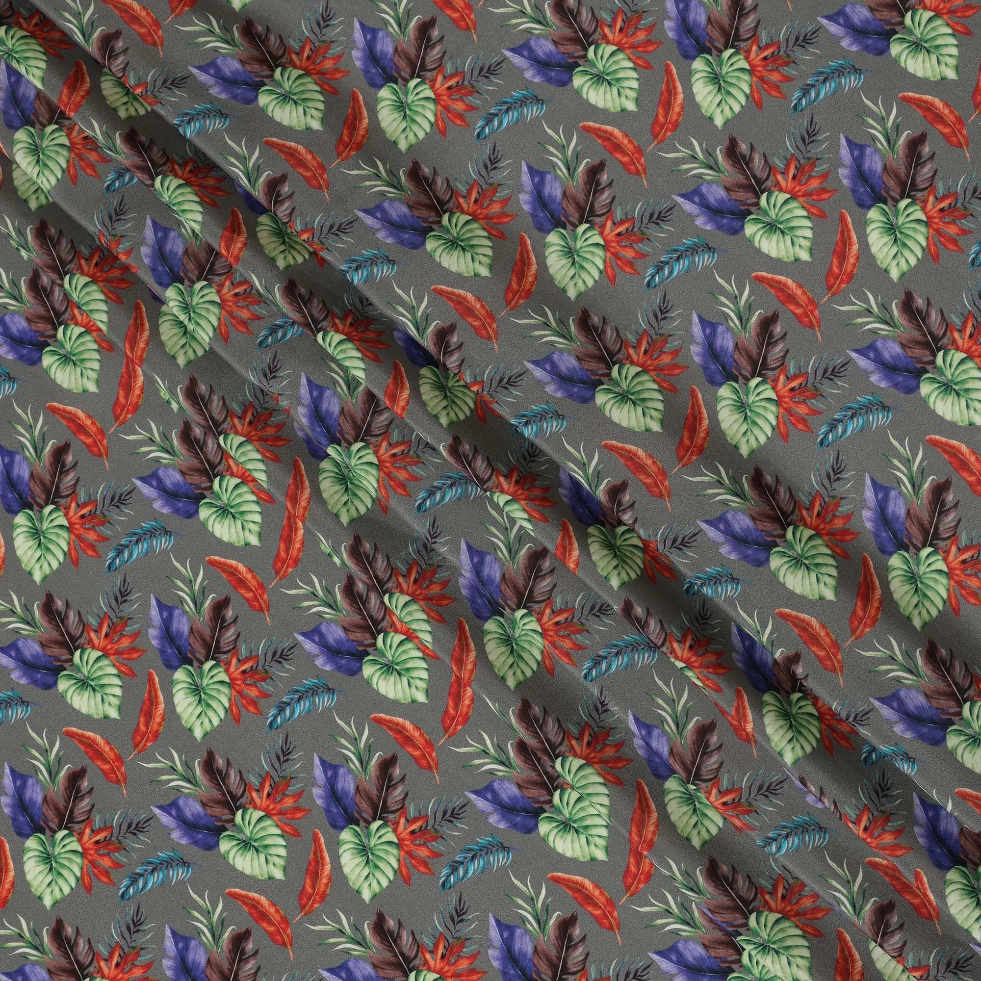 Grey Viscose Fabric with Multicolor Leaf Digital Print, 110 cm Width-D20641