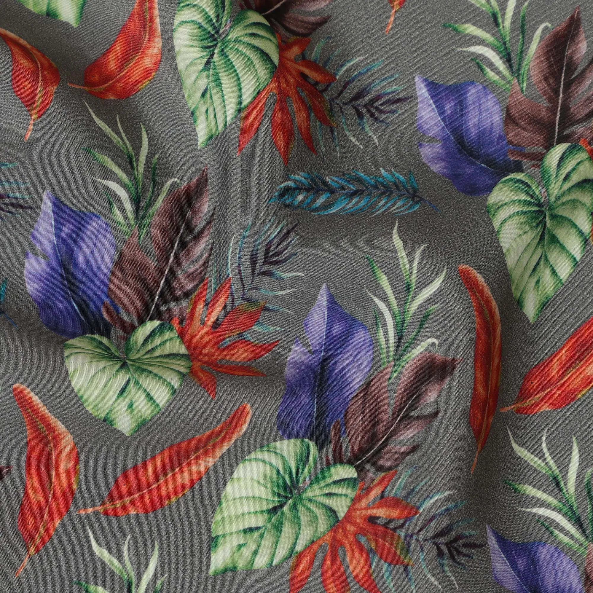 Grey Viscose Fabric with Multicolor Leaf Digital Print, 110 cm Width-D20641