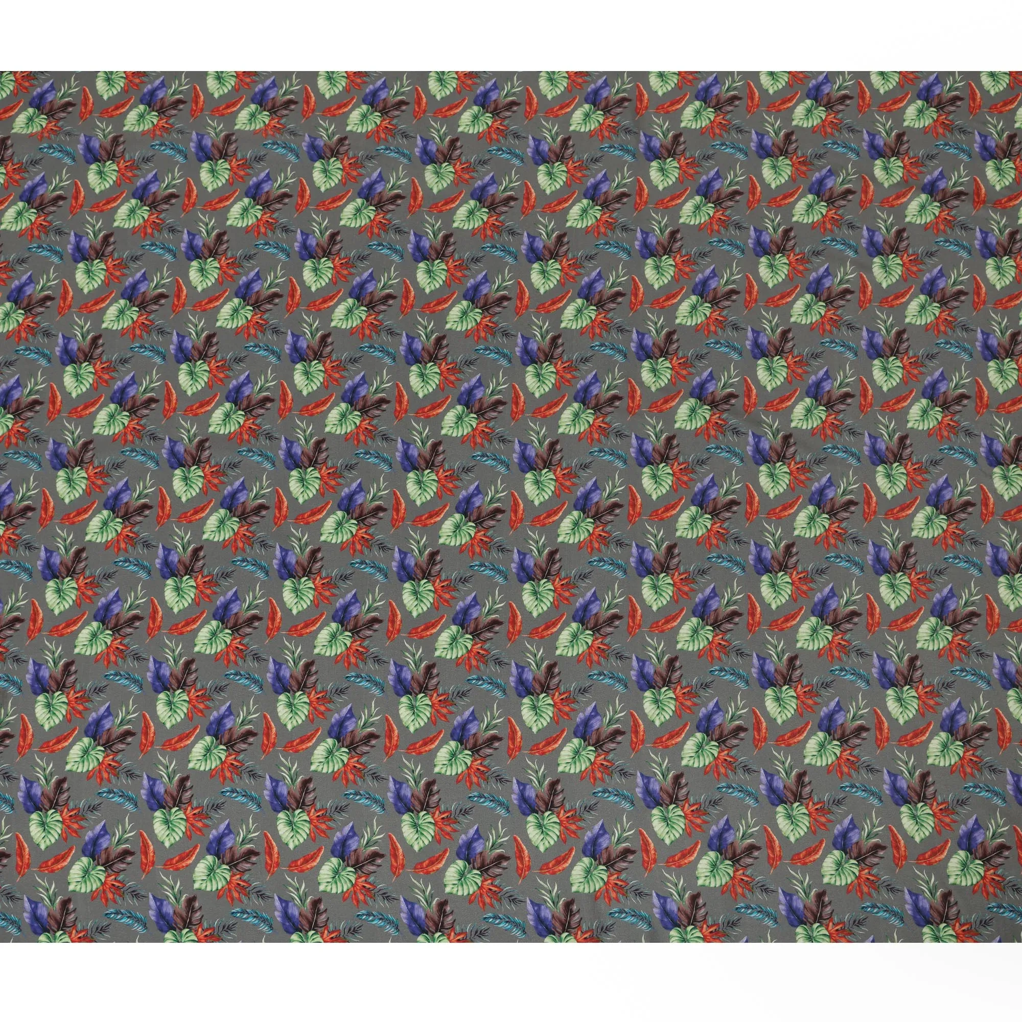 Grey Viscose Fabric with Multicolor Leaf Digital Print, 110 cm Width-D20641