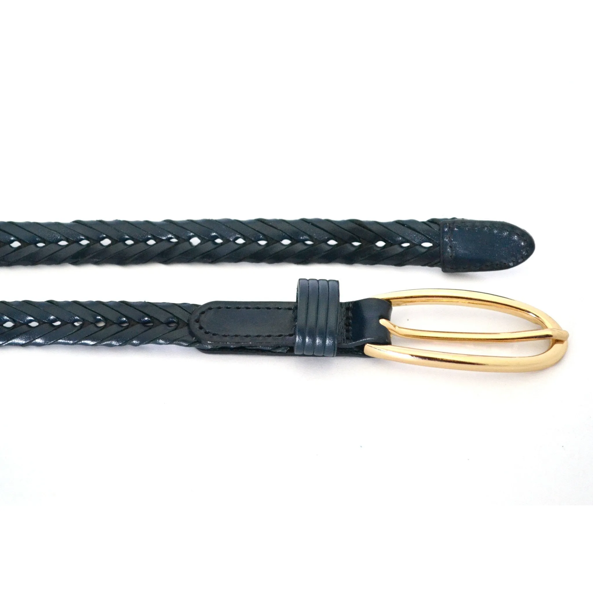 KELLY - Skinny Women's Navy Plaited Genuine Leather Belt with Gold Oval Buckle