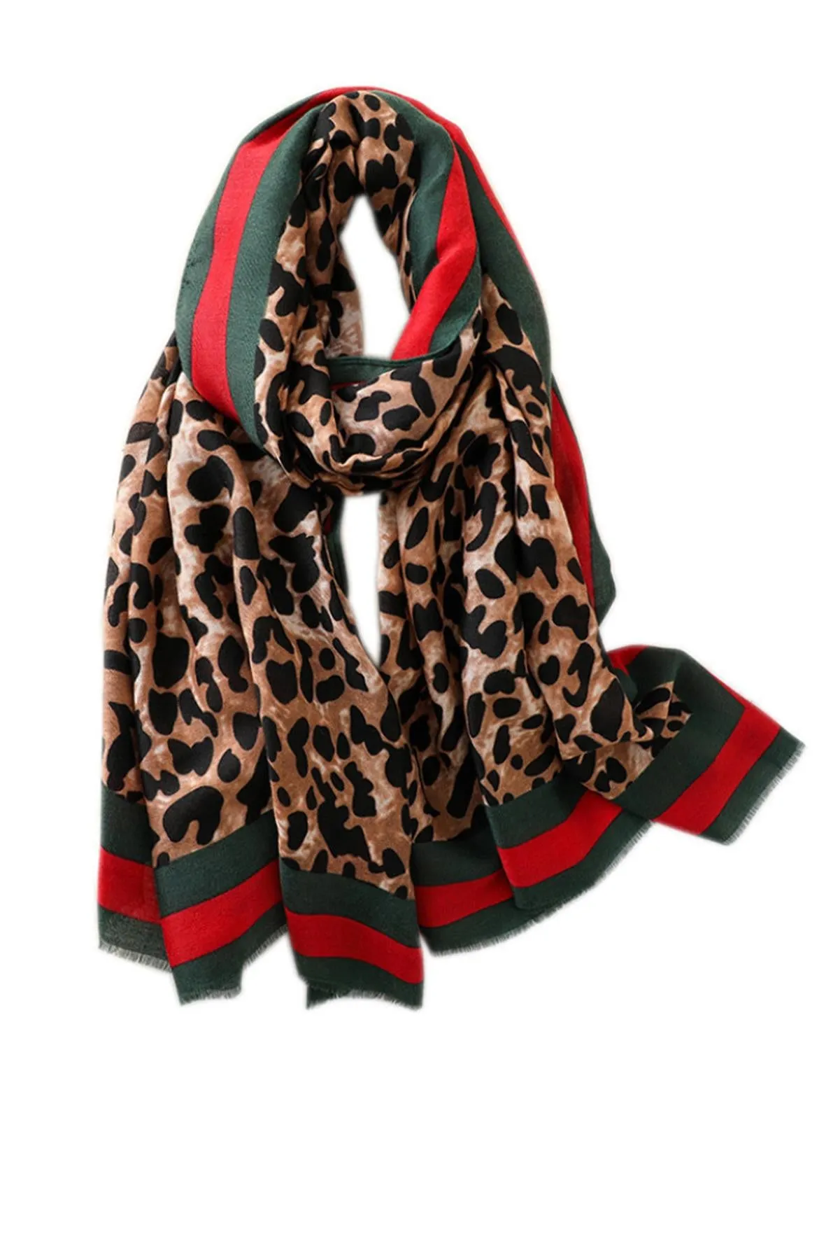 Leopard & Strip Print Fringed edges Scarf In Green & Red