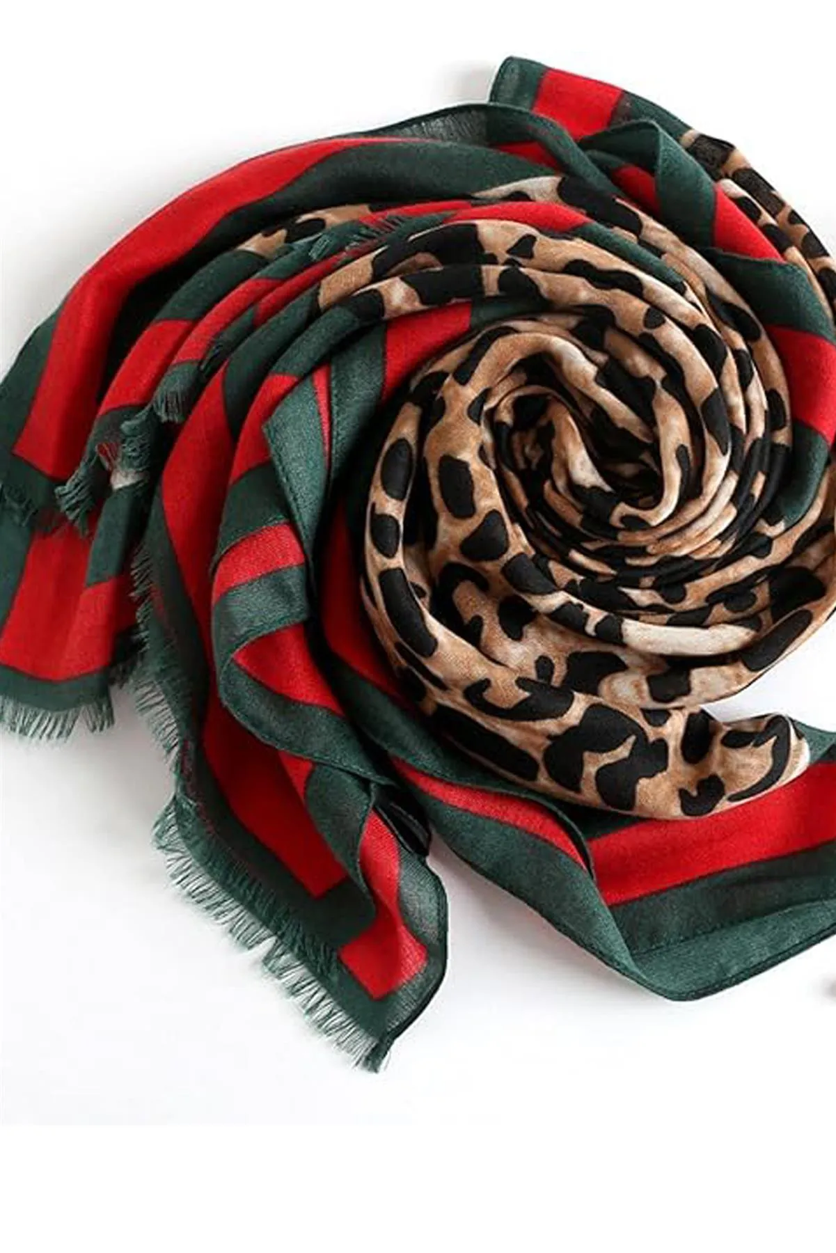 Leopard & Strip Print Fringed edges Scarf In Green & Red