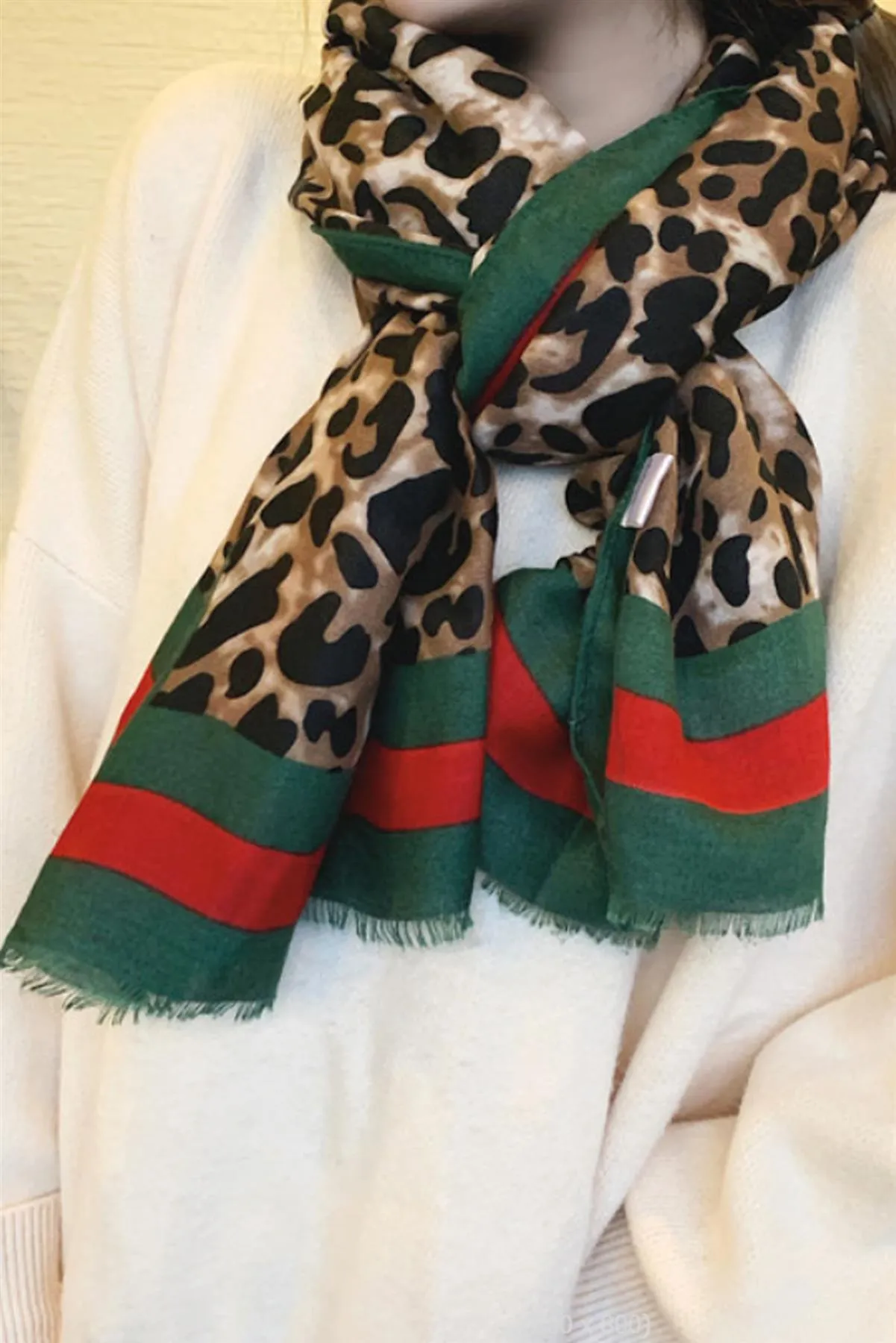 Leopard & Strip Print Fringed edges Scarf In Green & Red