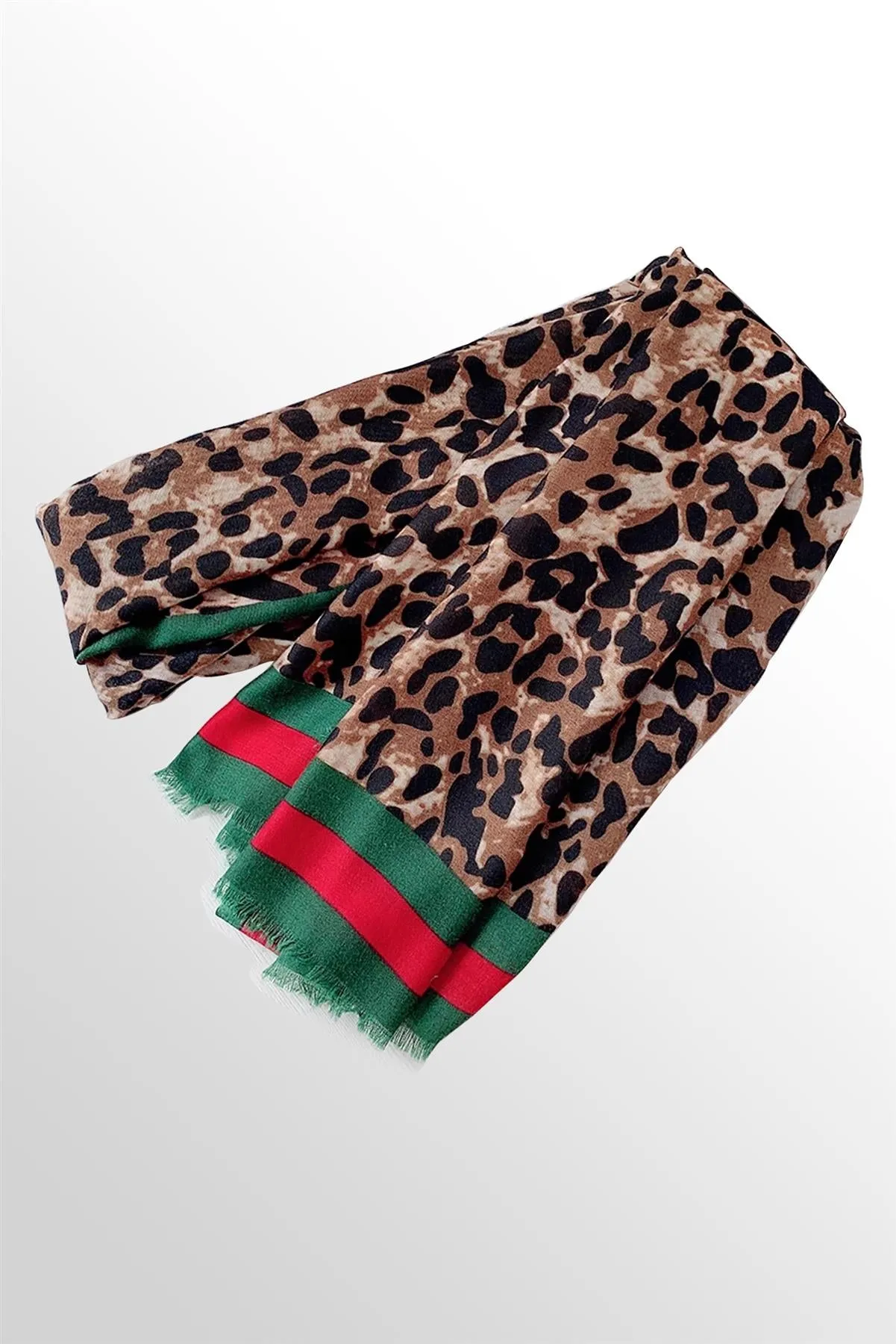 Leopard & Strip Print Fringed edges Scarf In Green & Red