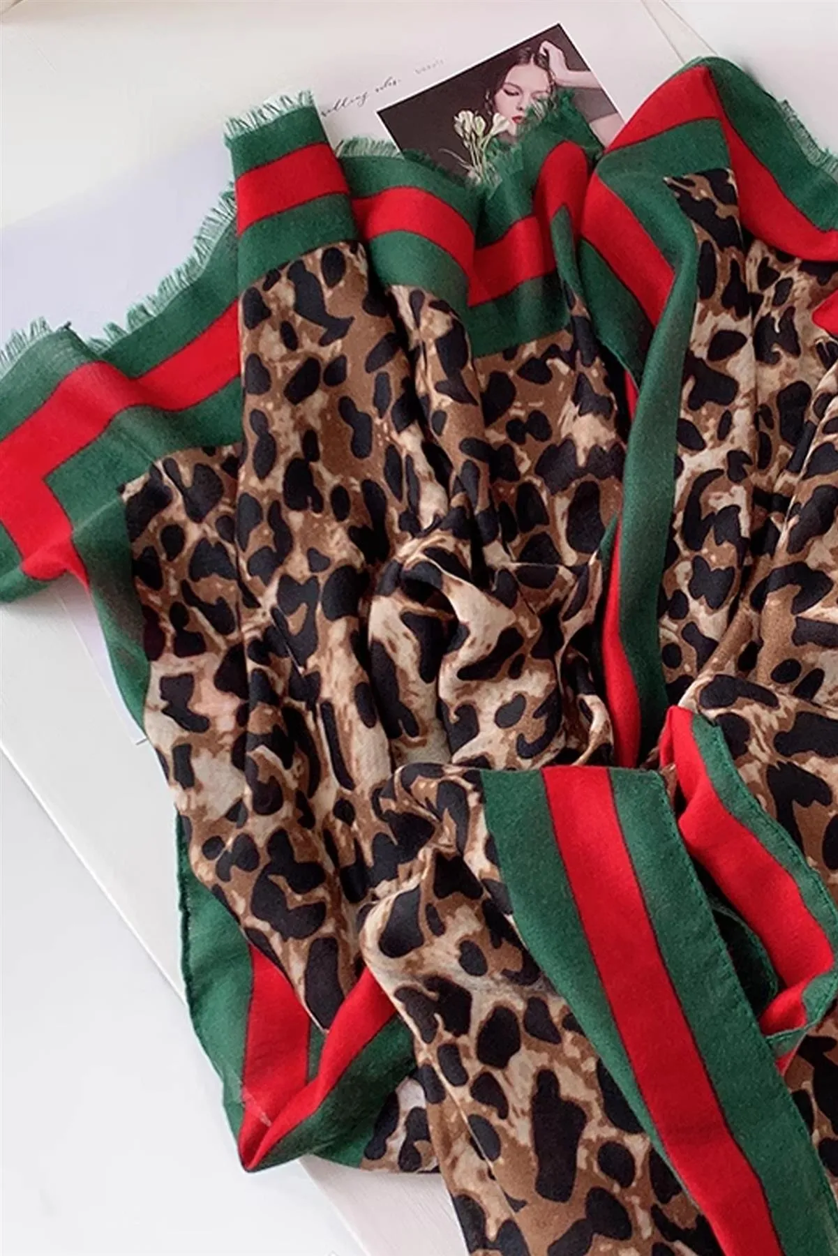 Leopard & Strip Print Fringed edges Scarf In Green & Red