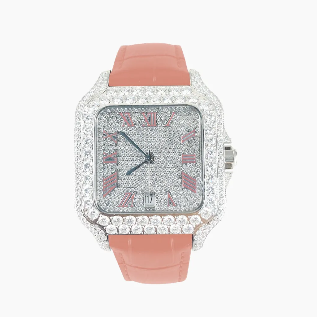 Moissanite 40mm Pink Leather Band Automatic Watch