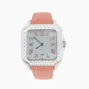 Moissanite 40mm Pink Leather Band Automatic Watch