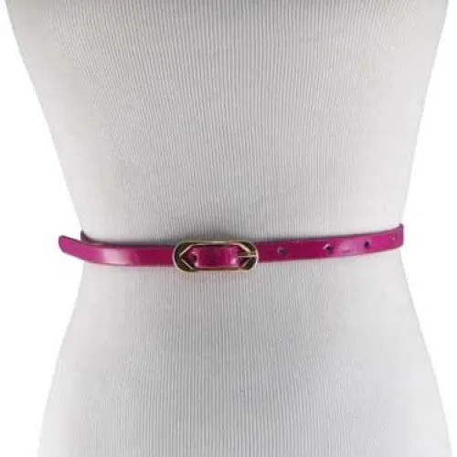 Neon Fuchsia Skinny Belt with Brass Oblong Buckle- Imitation Leather