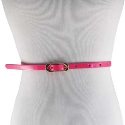 Neon Pink Skinny Belt with Brass Oblong Buckle- Imitation Leather