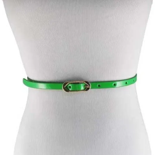 Neon Yellow Green Skinny Belt with Brass Oblong Buckle- Imitation Leather