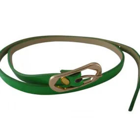 Neon Yellow Green Skinny Belt with Brass Oblong Buckle- Imitation Leather