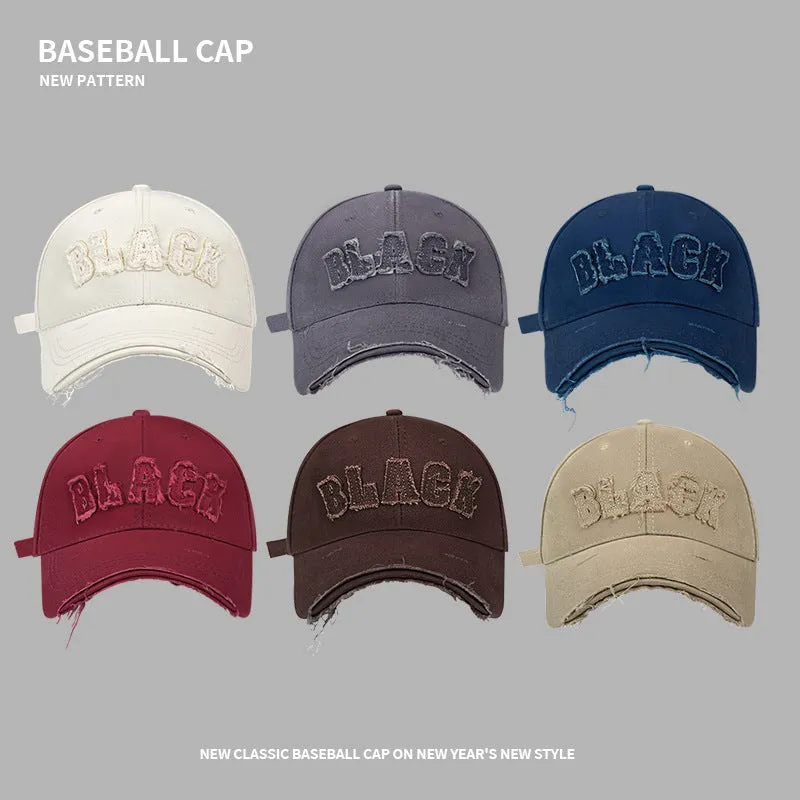 New style trendy frayed edge baseball cap with old letters American retro street style versatile wide brim hat for men and women