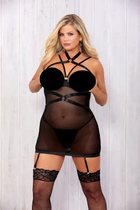 Queen Riveting Mesh & Faux Leather Garter Slip