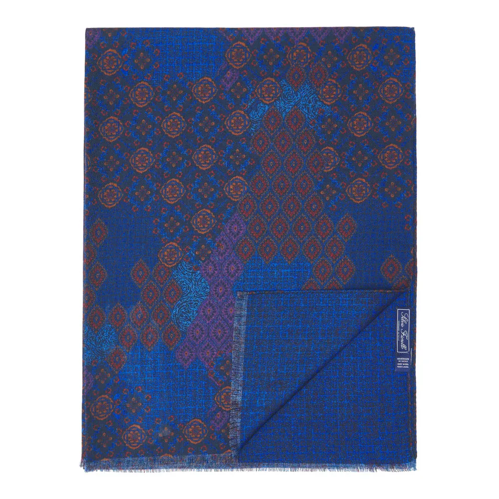 Royal Blue and Multicolour Nebrodi Double Face Wool Scarf