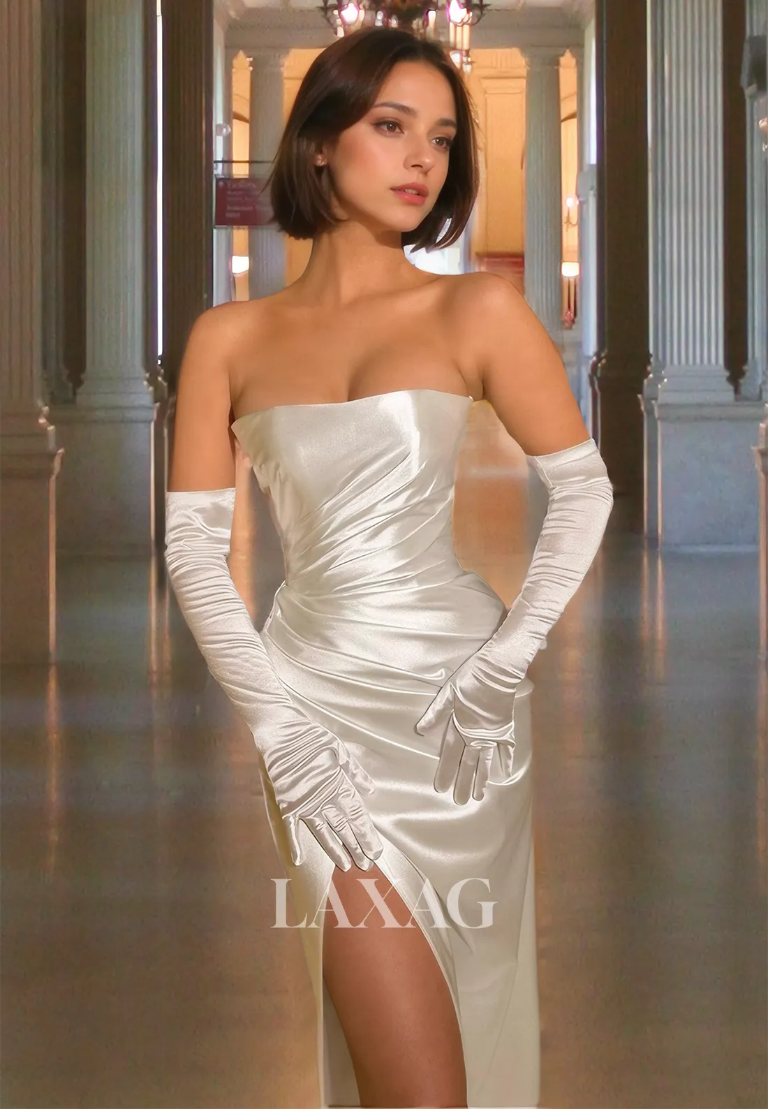 Tube Top Off-Shoulder with Gloves Fitted Prom Dress Pleated Satin High Slit Sweep Train Formal Gowns