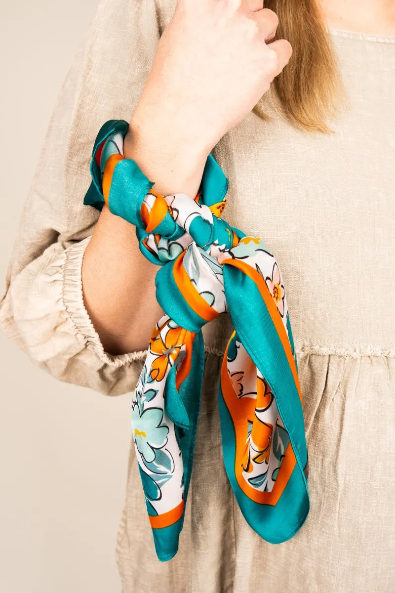 Turquoise Watercolor Floral Polyester Scarf