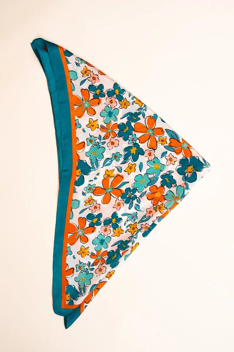 Turquoise Watercolor Floral Polyester Scarf