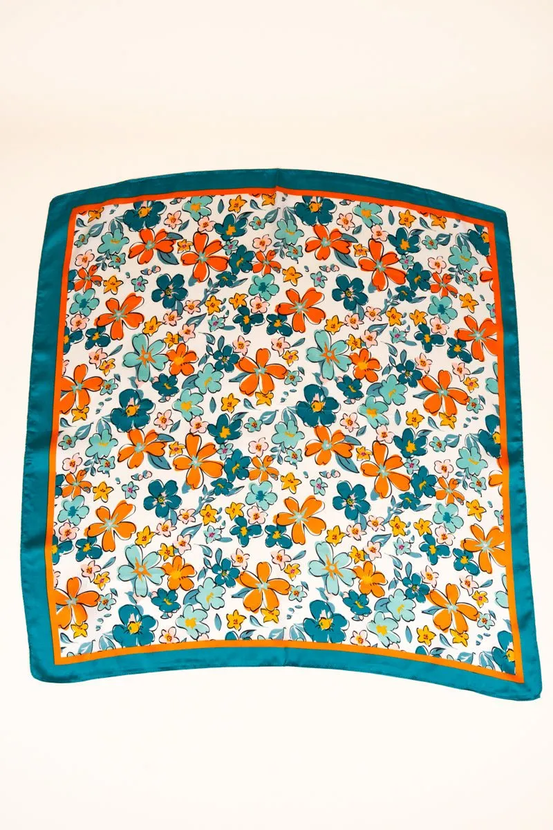 Turquoise Watercolor Floral Polyester Scarf