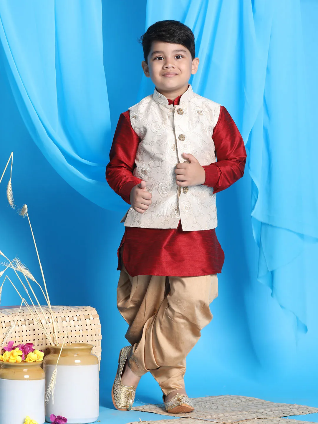 VASTRAMAY Boy's Beige Embroidered Nehru Jacket With Maroon Kurta And Rose Gold Dhoti Set