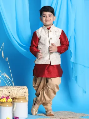 VASTRAMAY Boy's Beige Embroidered Nehru Jacket With Maroon Kurta And Rose Gold Dhoti Set