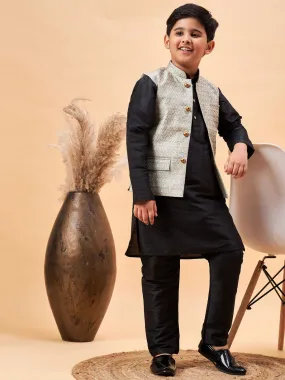 VASTRAMAY Boy's Beige Woven Nehru Jacket With Black Kurta Pyjama Set