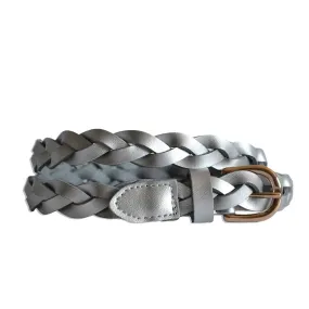 WAVERLY - Women's Silver Skinny Leather Plaited Belt with Gold Buckle