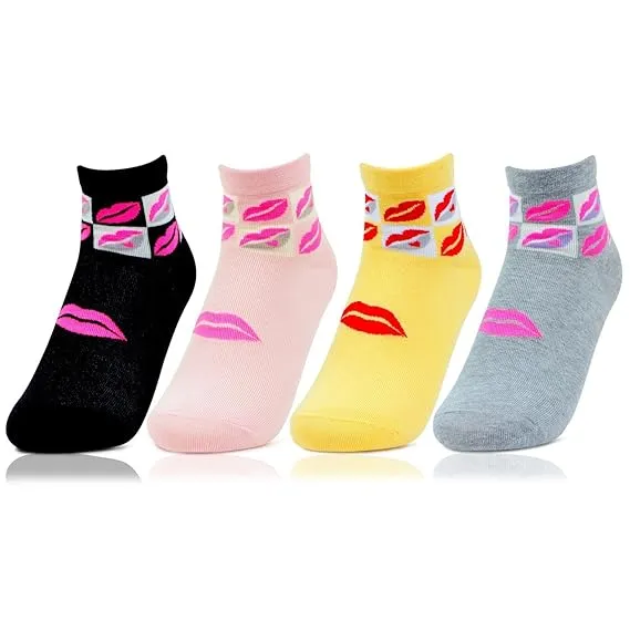 Women Ankle Length Fashion Bold Socks (Lips Print)- Pack of 4