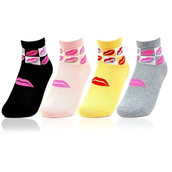 Women Ankle Length Fashion Bold Socks (Lips Print)- Pack of 4